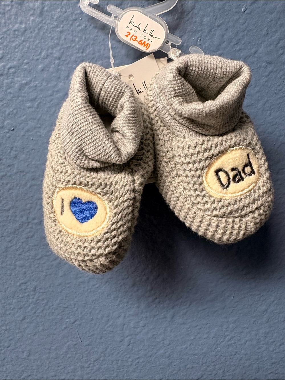 Nicole Miller Gray Knit Baby Booties with Blue Heart & 'Dad' Patch